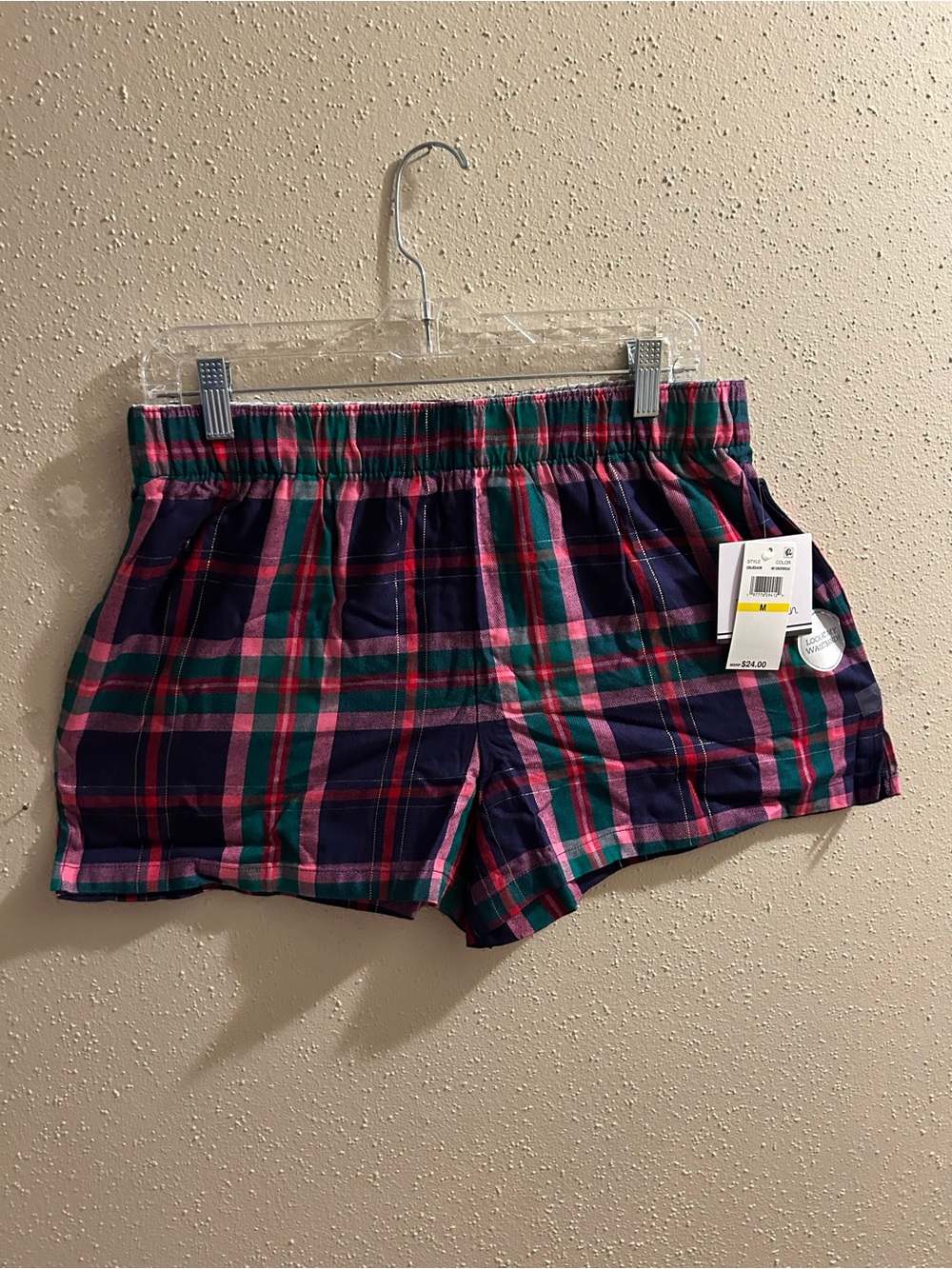 Plaid Elastic Waist Lounge Shorts - Pink, Green & Navy